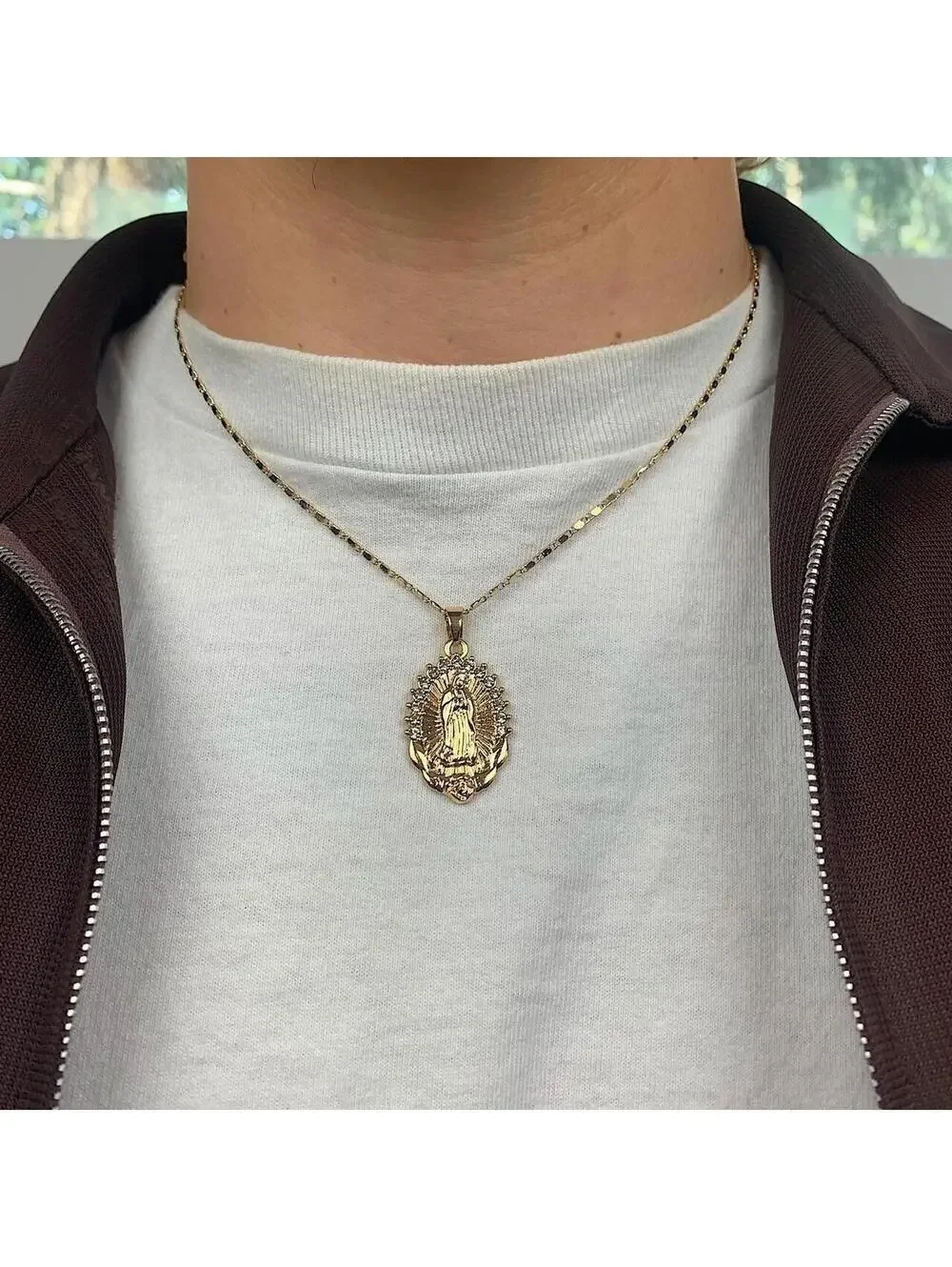 Gold Saint Marry rhinestone pendant y2k 90s style necklace chain. Grunge punk
